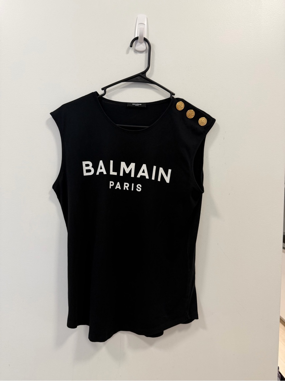 Balmain Black Logo Tank with Gold Button Shoulder